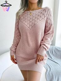 Women's Sexy Sweater Dress Ladies Slash Neck Knitted Jumpers Hollow Out Pullover Party Spring Mini Skirt Pink Clothes Streetwear 240108