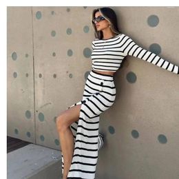 Work Dresses Autumn Women Dress Sets Classic Black And White Striped Long Sleeve Short Tops Waist Loose Button Suit Two Piece