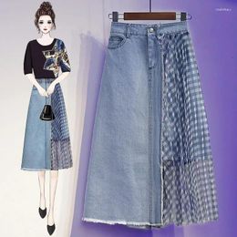 Skirts Woman Summer Irregular Mesh Jeans Female Fashion High Waist Patchwork Print Skirt Office Ladies Pockets Denim G471