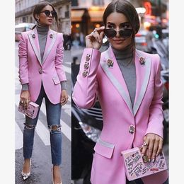 HIGH STREET est Fashion Designer Blazer Womens Long Sleeve Floral Lining Rose Buttons Pink Outer Jacket 240108