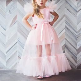 Elegant Long Pink Flower Girl Dresses Jewel Neck Tulle Puffy Sleeves Open Back A Line Floor Length Custom Made for Wedding Party