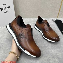 Leather Sneaker BERLUTI Casual Shoes New Men's Calf Leather Low Top Sports Shoes Scritto Pattern One Step Sneaker HBQP