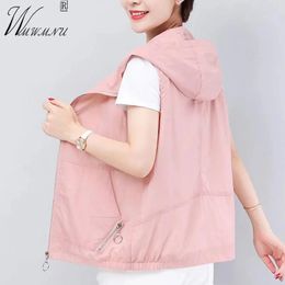 Jackets Casual Thin Pink Hooded Vest Women 2023 Summer Liner Sun Protection Sleeveless Jacket Basic Nylon Oversize 4xl Short Waistcoat