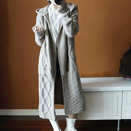Winter Lapel Knit Cardigan Female Temperament Coat Casual Thick Long Knitted Cardigan Woman Plus Size Pure Colour Sweater 240108