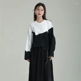 Women's Hoodies Dark Style Y2K White And Black Patchwork Women Irregular Design Sense O-neck Long Sleeve Tops Sweatshirt Ropa De Mujer