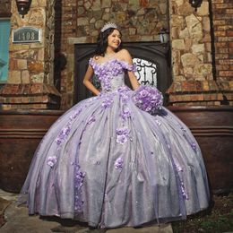 Cinderella Lavender Shiny Quinceanera Dresses Beaded Formal Prom 3D Flowers Graduation Gowns Princess Vestidos De 15 Anos 2024