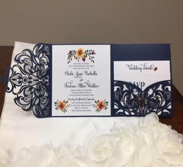 Many Color Gorgeous Laser Cut Wedding Invitations Pocket Dinner Invitation RSVP Card Tri Folding Shimmer Party Invites with Enve7202655