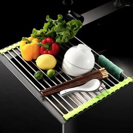 Kitchen Storage Foldable Stainless Steel Dish Drainer Roll Up Drying Rack Shelf Bowl Tableware Plate Sink Holder Organiser