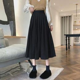 Skirts HOUZHOU Pleated Long Skirt Women Black High Waist Vintage Elegant School A-line Midi Woolen Casual Korean Autumn Winter