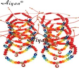 12 Pieces Rainbow And Red Crystal Hanging Alloy Single Hanging Eye Woven Bracelet With Exorcism Protection Can Given As Gifts 240109
