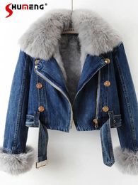 Autumn Winter Luxury Fur Collar Rabbit Liner Denim Jacket Women Fashion Metal Buttons Short Jean Coat Casacos 240108