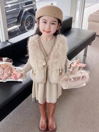 Clothing Sets Childrens Girls Vest Princess Korean Autumn Spring Sweater Two Piece Round Collar Striped Pleated Knitwear