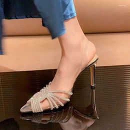 Sandals Pointed Toe Women Slingback Clear Transparent PVC 9cm Thin High Heels Party Wedding Shoes Crystal Chains Lady Sandalias