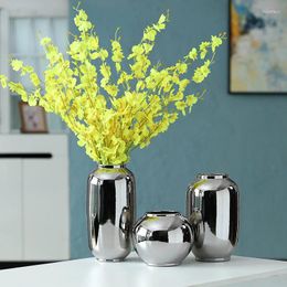 Vases Silver Cylindrical Ceramic Vase Decoration Soft Home Model Room Art Flower Arrangement