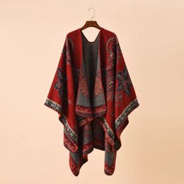 Autumn Winter Street Geometric Lattice Flower Pattern Imitation Cashmere Warm Shawl Cloak Women Poncho Capes Red 240108