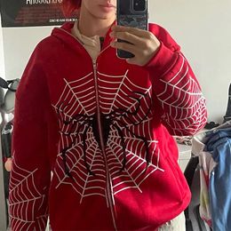 Sweatshirts Spider Web Red Graphic Hoodies Men's Clothing Warm Haruku Vintage Grunge Y2k Zip Up Hoodie for Men and Women Sweatshirt Tops