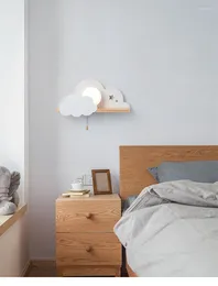 Wall Lamp Nordic Cloud Wood Shelf With Pull Switch Children Bedroom Bedside Night Light Study Corridor Sconce Led Fixture