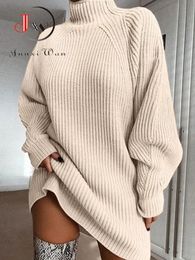 Women Turtleneck Oversized Knitted Dress Autumn Solid Long Sleeve Casual Elegant Mini Sweater Winter Clothes 240109