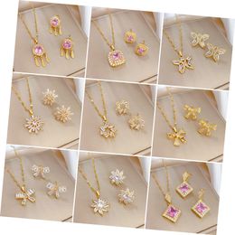 KISSWIFE 18k Gold Plated Stainless Steel Zircon Crystal Pendant Necklace Earrings Jewelry Set for Women Gift