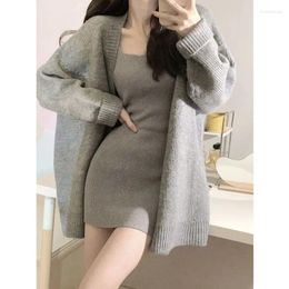 Work Dresses Evening Party Knitted Suit 2024 Autumn Grey 2 Piece Dress Set Women Casual Long Sleeve Cardigan Bodycon Strap Sweater