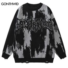 Hip Hop Ripped Sweaters Grunge Y2K Vintage Knitted Punk Gothic Streetwear Jumpers Men Women Harajuku Fashion Pullover 240108