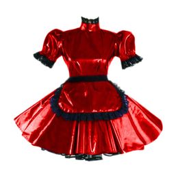 Dress Sissy Lolita Dress Sexy Maid Outfits Turtleneck Puff Sleeve Flared Patent Leather Dress with Apron Gothic Dress Maid role play