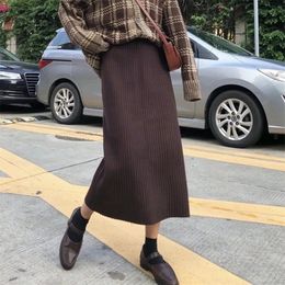 Fashion Autumn Winter Brown Knitted Straight Skirts Women Korean Black Elastic High Waist Slim Sweater Package Hip Skirt Female 240109