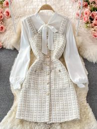 Women Two Piece Set Korean Fashion Bowtied Collar White Blouse and Spaghetti Strap Single Breasted Mini Tweed Dress Suits 240109