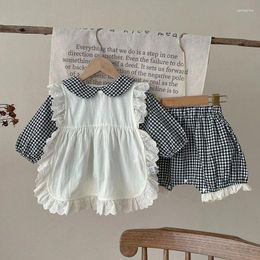 Clothing Sets Korean Style Autumn Spring Infant Baby Girls Set Long Sleeved Cotton Plaid Shirt Shorts Toddler Girl Clothes Suit