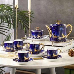 Luxurious golden-rimmed Blue Colour Carousel coffee set Bone china cups and saucers Porcelain tea set 15 pcs Ceramic Tableware set 200i