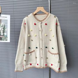 Women's Sweaters Winter Cardigans Beige Oversize Lazy Style Retro Soft And Glutinous Beautiful 3D Ball Beading Sweater Jumpers
