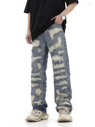 Men's Jeans 2024 American Style High Street Washed Personalised Torn Hole Cut Straight Tube Loose Fitting Versatile For Men And Women