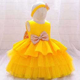 Girl Dresses Baby Carnival Outfit Flower Princess Wedding Dress Infant Sequin Birthday Party Born Send Headband 0-5Y