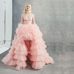 Fluffy Tulle High Low Prom Dresses Spaghetti Strap Ruffles Tiere Special Occasion Dress Corset Layered Mesh Formal Gown