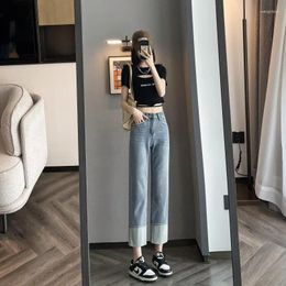 Women's Jeans Spring Cuffed Pants High Waist Straight Slimming Street Denim Cropped Lady Casual Loose Trousers Blue