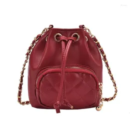 Evening Bags Women Mini Bucket Chain Shoulder Bag Leather Quilted Drawstring Crossbody Pures Fashion Korean Ladies Shopper Red Handbag