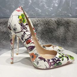 Dress Shoes Plants Printed Women White Glossy Pointy Toe High Heel Slip On Stiletto Pumps For Party Plus Size 33-45