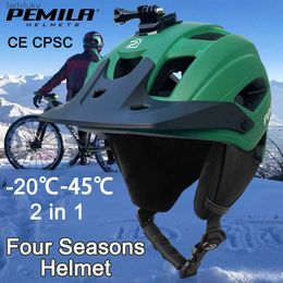 Cycling Helmets PEMILA 2 In 1 Four Seasons Cycling Helmet MTB Road Bicycle Helmet Safety Cap Racing Warm Removable Ear Protection Bike HelmetL240109