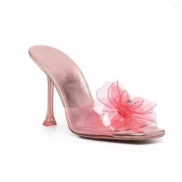 Dress Shoes Clear Film Crystal Flower PVC High Heel Slipper Peep Toe Blue Pink Transparent Cup Heels Woman Slingbacks Sandals