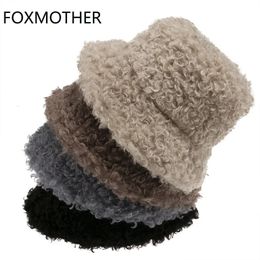 FOXMOTHER Outdoor Warm Lamb Faux Fur Bucket Hat Black Solid Fluffy Fishing Cap Panama Bob Fisherman Gorros Women Winter 240108