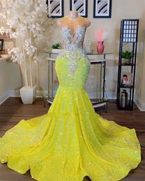 Sparkly Yellow Mermaid Prom Dresses 2024 Black Girls Crystals Luxury Plus Size Birthday Party Formal Evening Occasion Gowns Robe