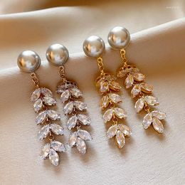 Dangle Earrings Pearl Cubic Zirconia Leaf Long For Women's Autumn And Winter Accessories Party Fashion Jewelry