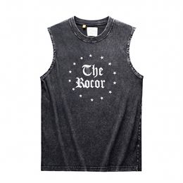 Men's tank top t shirt heavy-duty washed cotton distressed letter print American trendy hip-hop sleeveless gray top