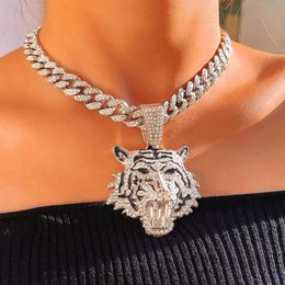 Jewellery Punk Hip Hop Iced Out Crystal Tiger Pendant Necklace Chunky Miami Cuban Link Chain Necklace Zircon Choker for Women Men Jewellery