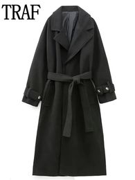 TRAF Black Coat Woman Winter Elegant Faux Sheepskin Long Women In Outerwears Belt Sleeve Womens Jackets 240108