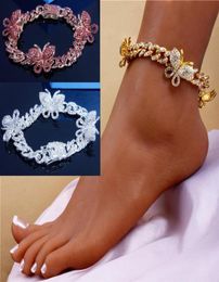 Gold Silver Color Pink 3 colors Crystals Cuban Chain Butterfly Leg Chain Foot Jewelry Women Anklet Summer3274192
