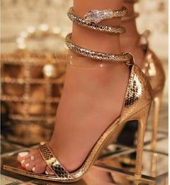 Women Golden Snake Wrapped Sandals Wildness Pointed Toe High Heel Sandals Luxurious Ladies Summer Shoes 12 Cm Stiletto Sandals 240108