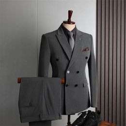 Suit Set Blazers Jacket Pants Men Casual Business Pure Colour Double Breasted Groom Wedding Formal Dress Mens 240108