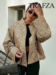 TRAFZA Women Fashion Shiny Sequin Jacket Y2k Gold Color Stand Collar Long Sleeve Short Coat Autumn Winter Ladies High Streetwear 240109