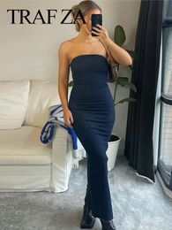 TRAFZA Women Elegant Denim Dress Strapless Back Zipper Slit Dresses Summer Female Off Shoulder Backless Denim Long Dress 240109